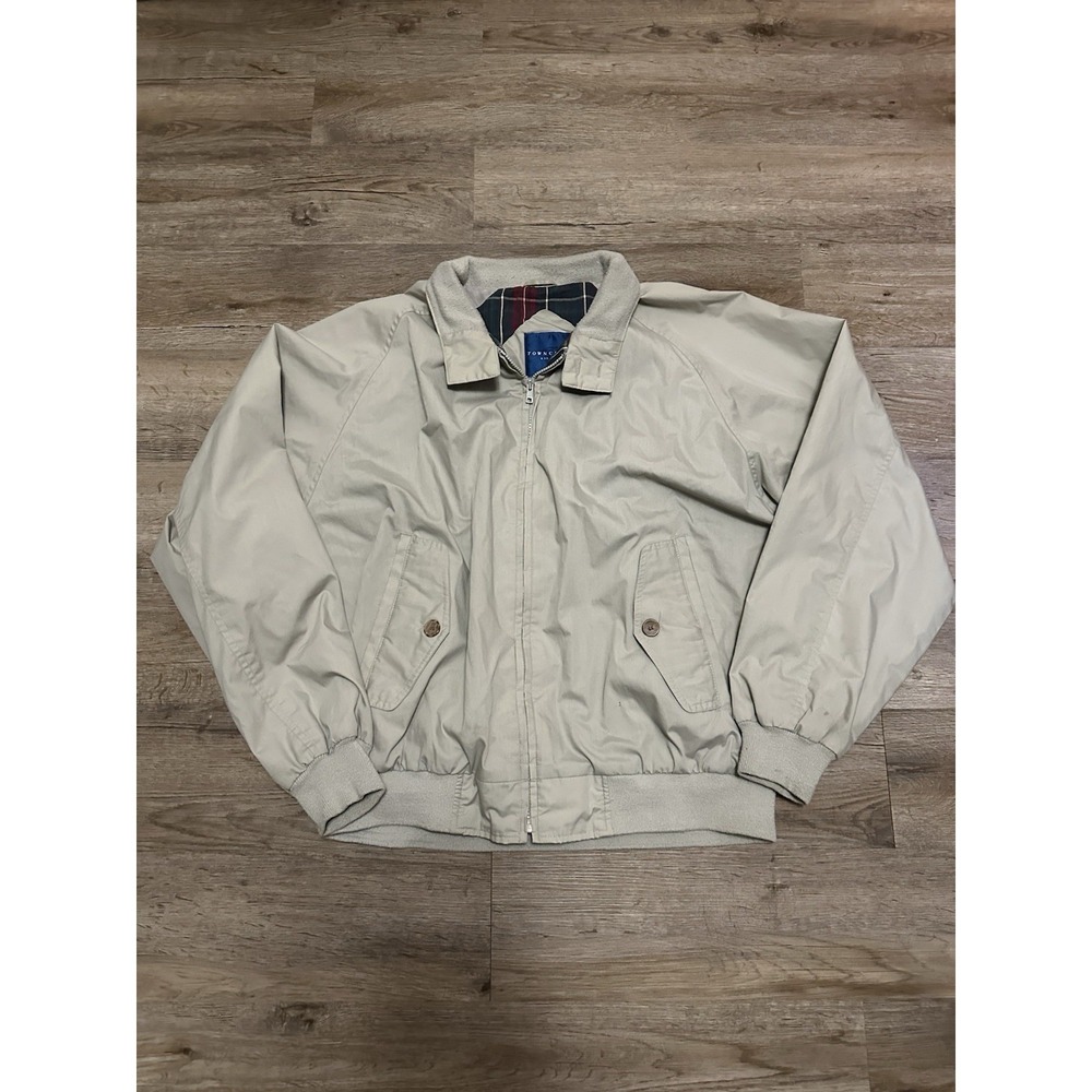Vintage Towncraft Bomber Jacket Men XL Lined Brown Flannel Lined Trim Harrington